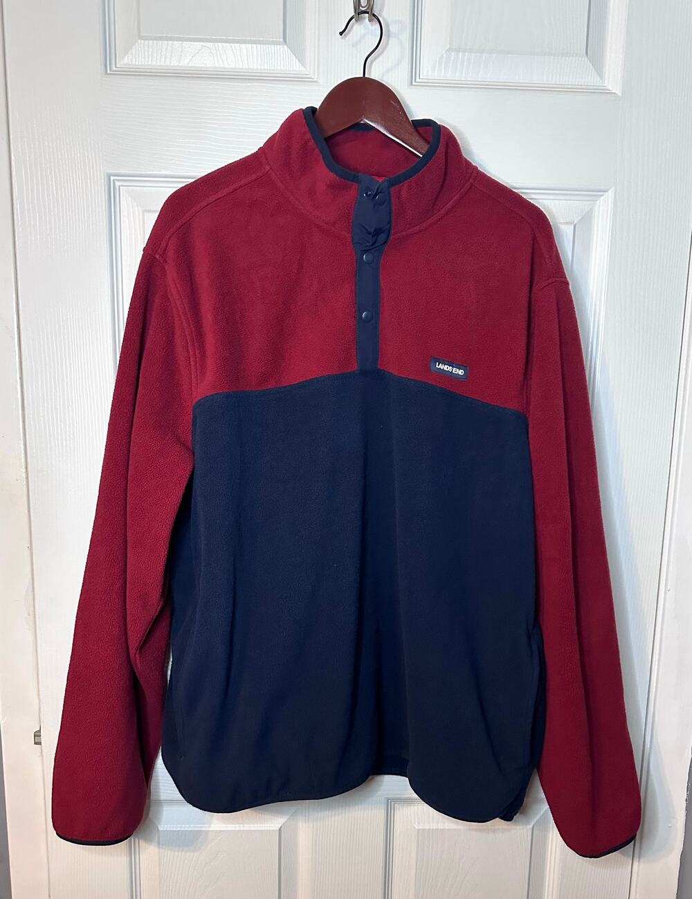 Lands' End Heritage Colorblock Navy Burgundy Snap Neck Pullover Fleece Top XXL